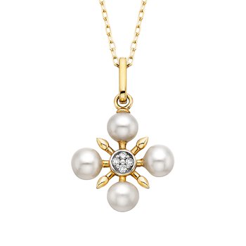 Yellow Gold 4 Pearl and Diamond Snowflake Pendant Necklace