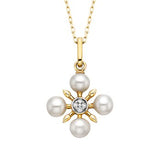 Yellow Gold 4 Pearl and Diamond Snowflake Pendant Necklace