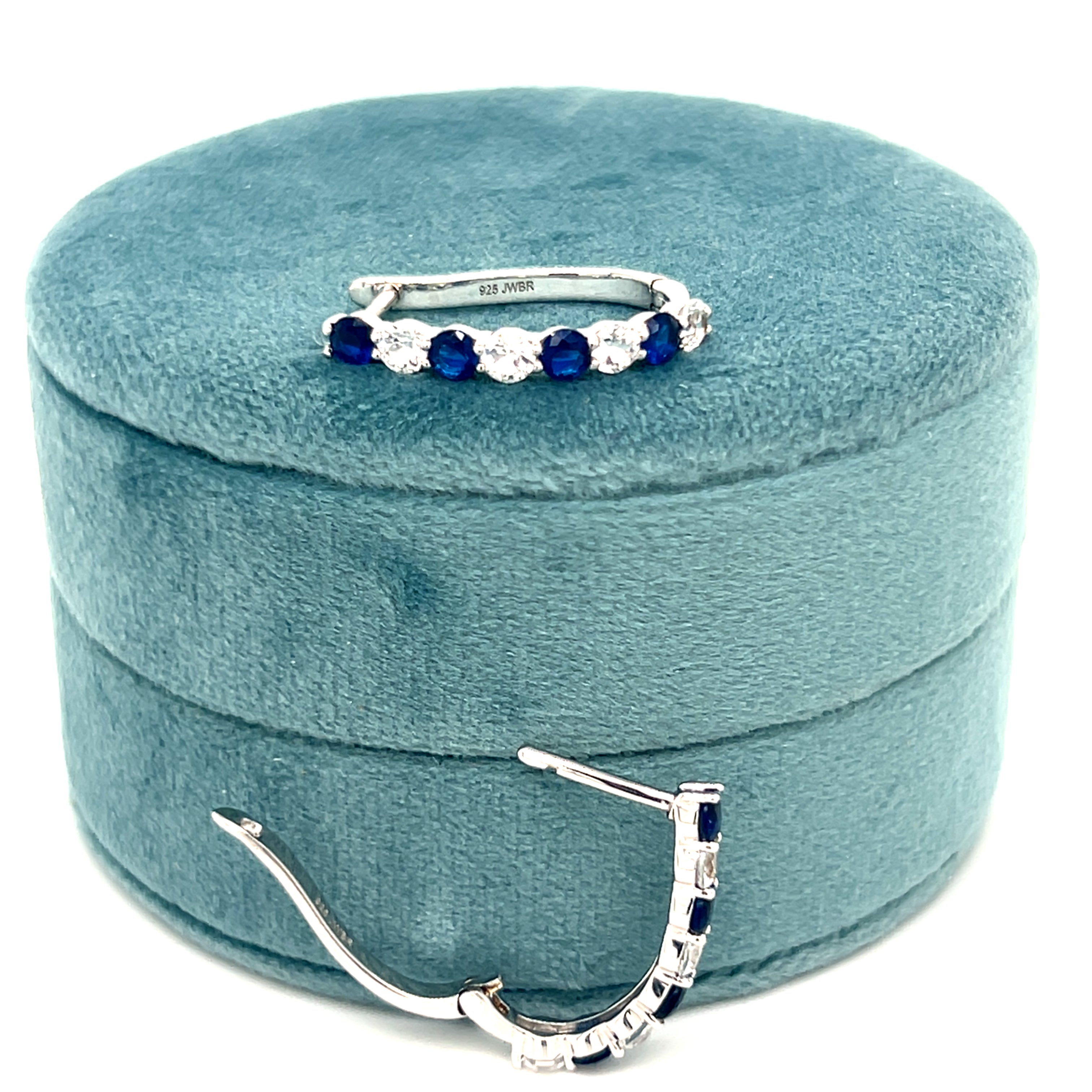 Silver Created Blue and White Sapphire Hoop Huggie Earrings