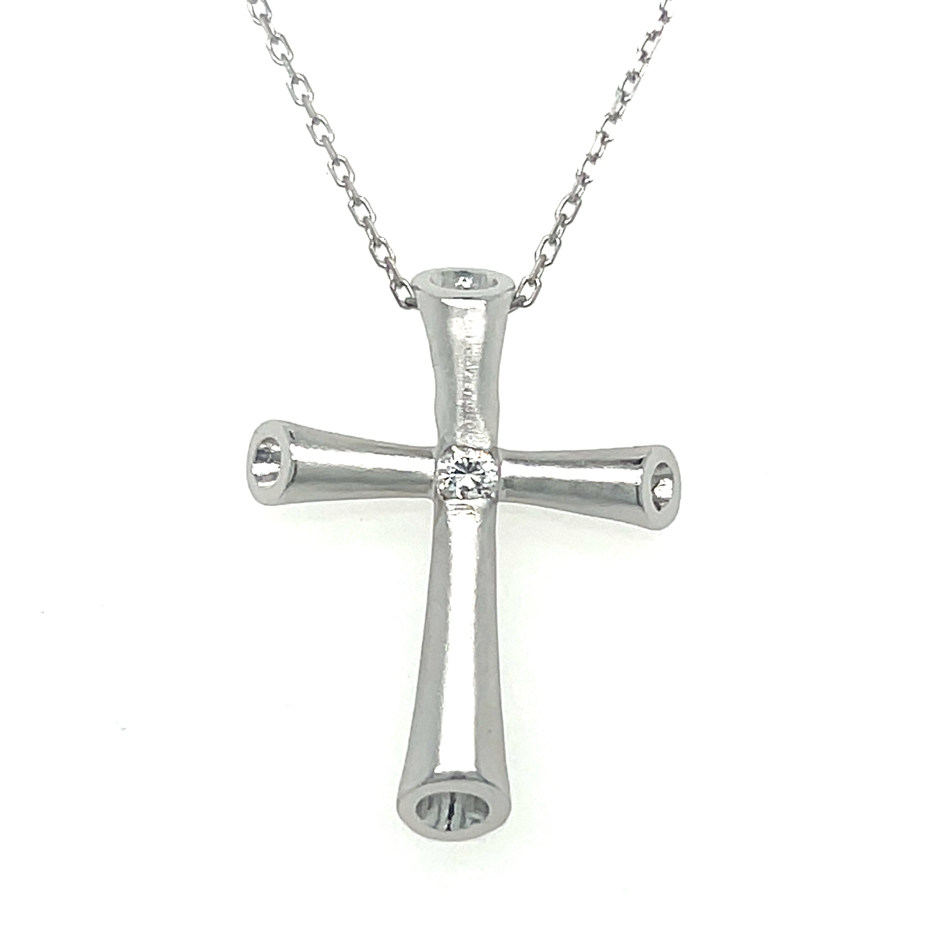Silver Modern Matte Finish Cross Pendant Necklace with Cubic Zirconia