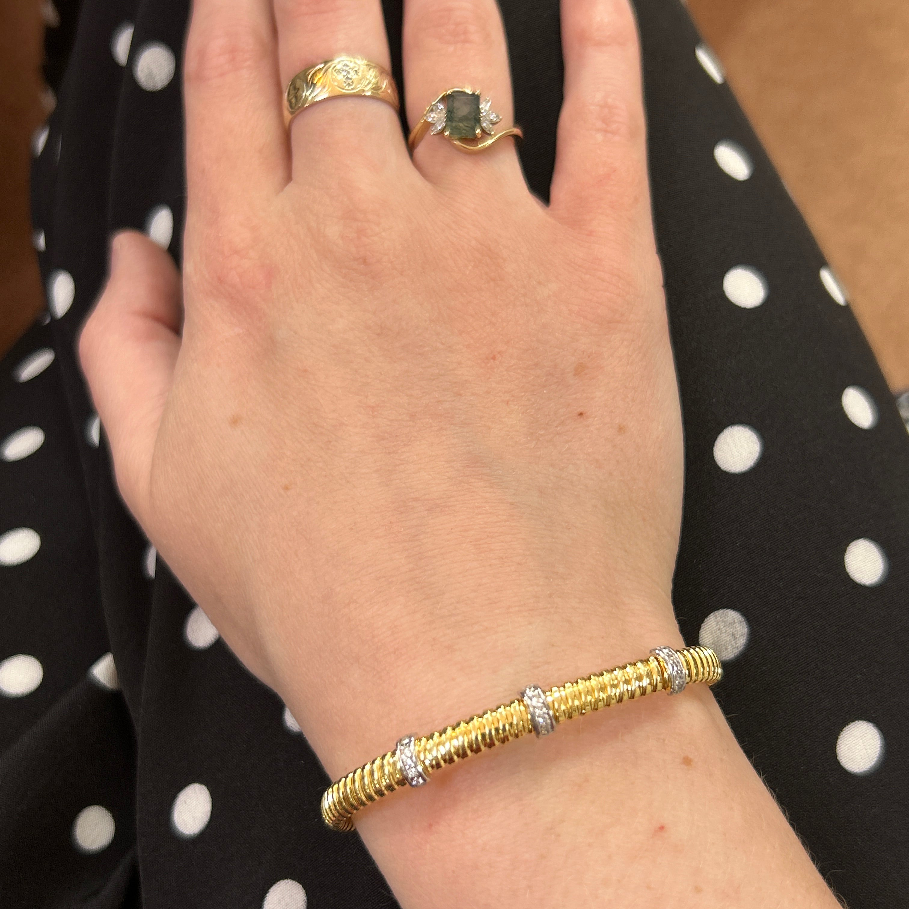 Silver Yellow Gold Plated Thin Three Station Flex Bangle with 0.12CTW Diamonds