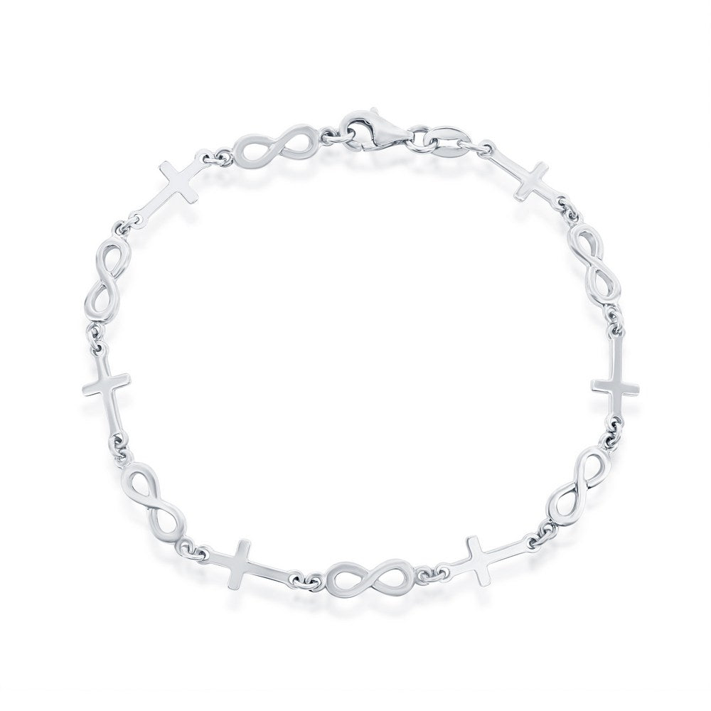 Sterling Silver Alternating Cross and Infinity Link Bracelet 7.5"