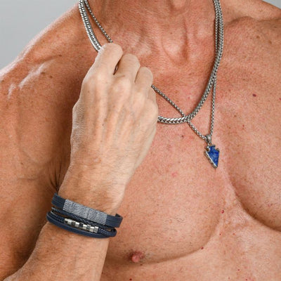 Men's Stainless Steel Shoreline Cotton Fabric Wrapped Blue Leather Bracelet