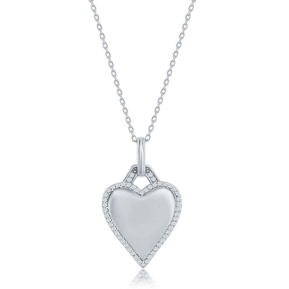 Sterling Silver Polished Heart Cubic Zirconia Border Necklace 16+2"