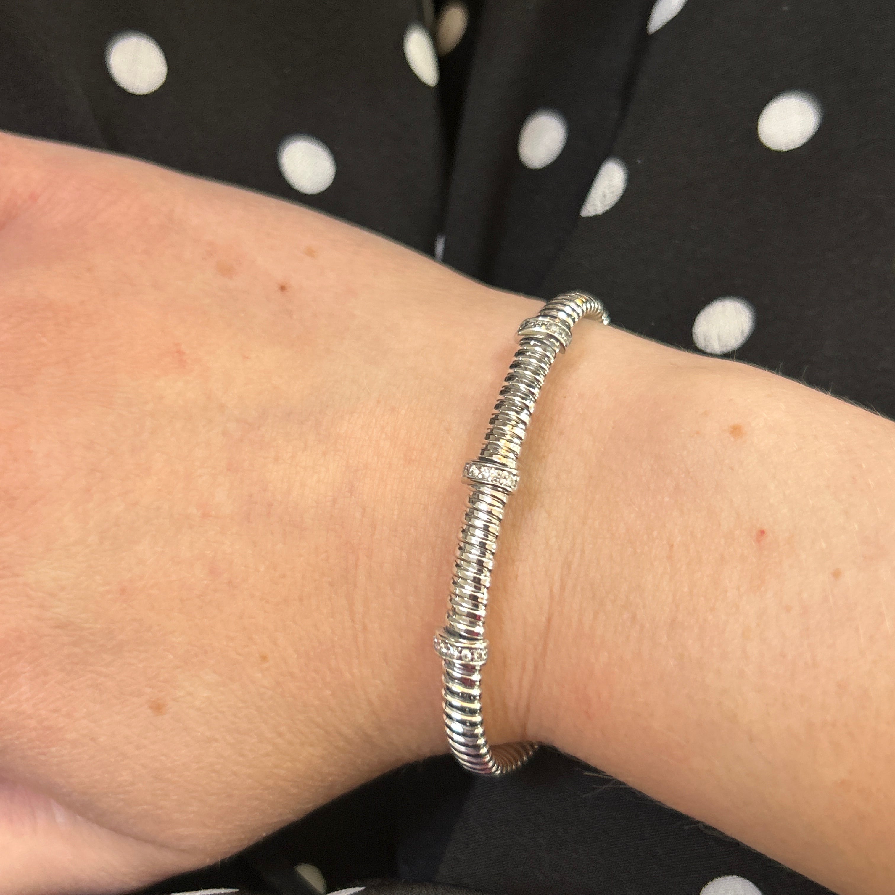 Silver Flex 3 Station Bangle with 0.12 Carat Total Weight Diamonds