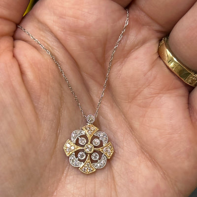 14K Yellow and White Gold 2.5g 1/3 Carat Total Weight Natural Diamond Milgrain Vintage Inspired Pendant with Chain