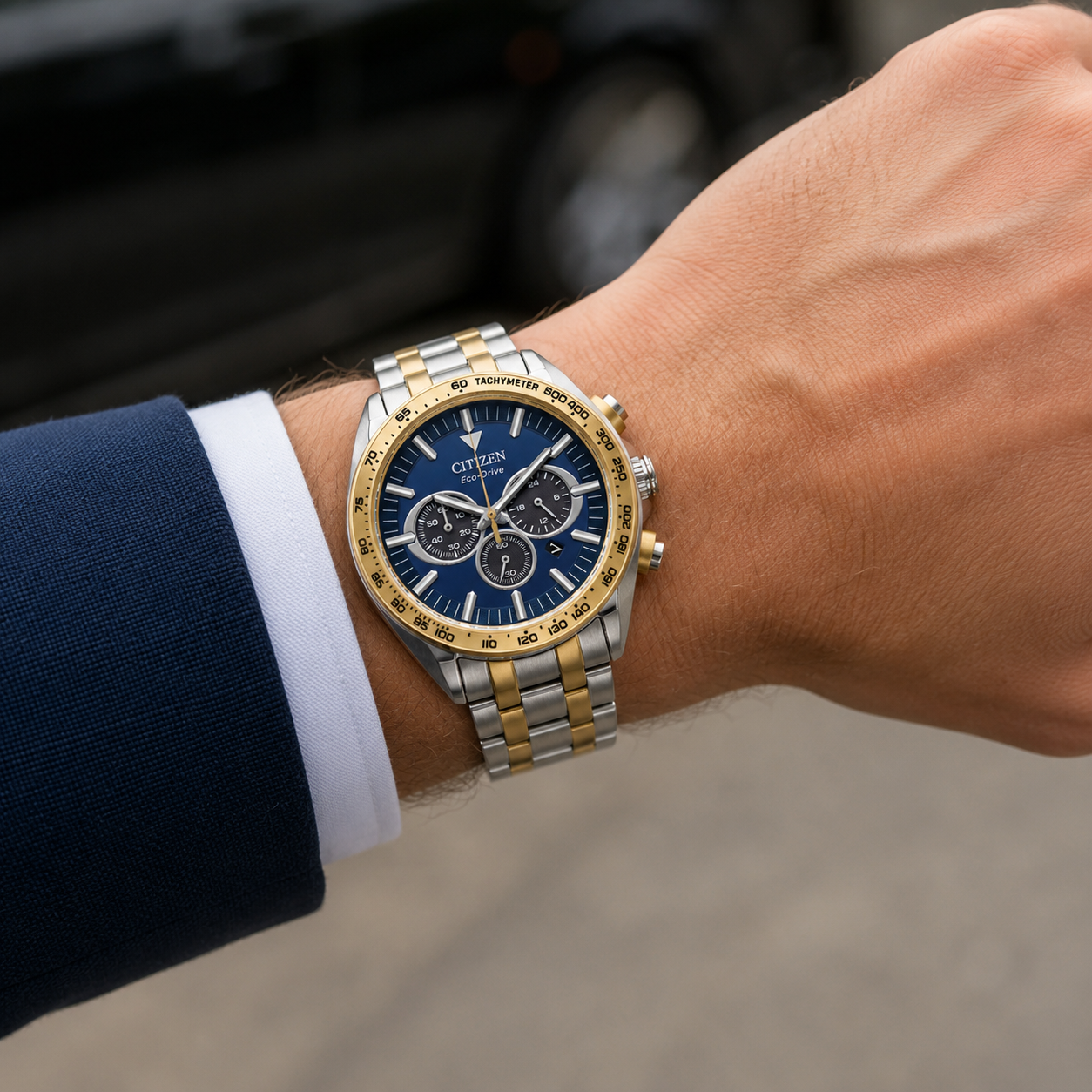 Men's Sport Luxury Eco-Drive Watch with Gold- and Silver-Tone Stainless Steel Case and Bold Blue Dial