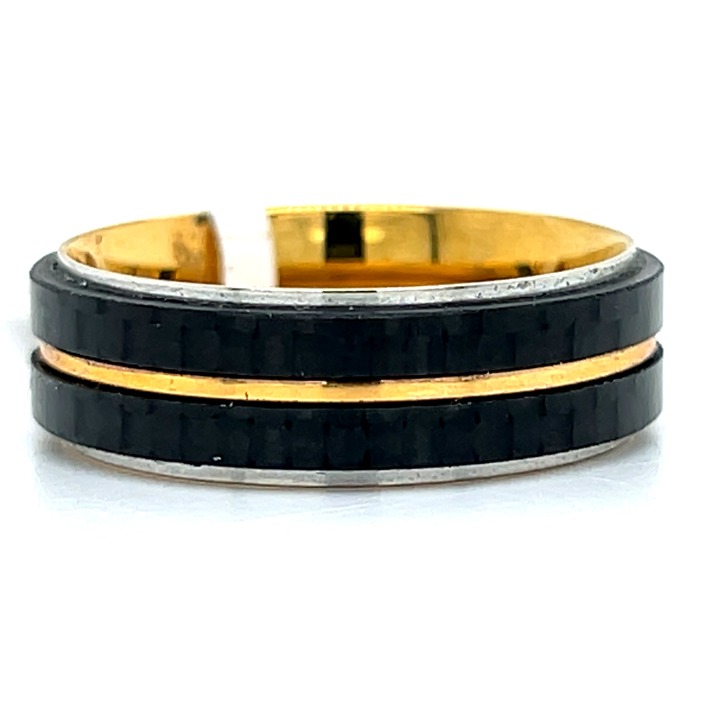 Men's Black Carbon with Rose Tone Stripe Comfort Fit Wedding Ring Size 11