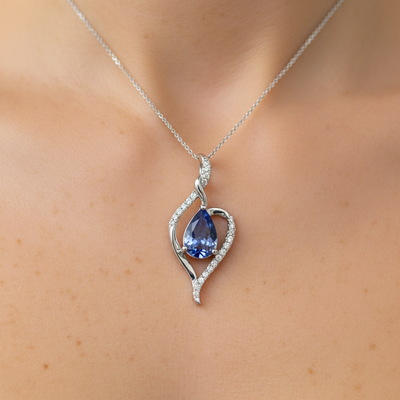 White Gold Pear-Shaped Tanzanite and Diamond Heart Pendant