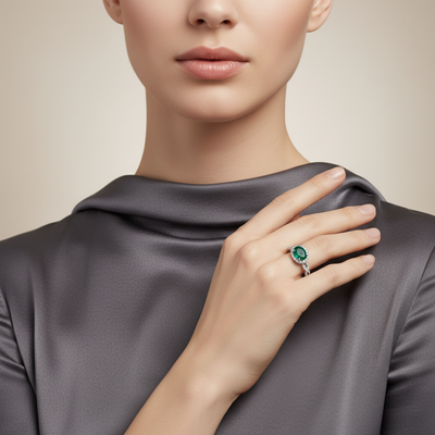 WJS Custom Set 14K White Gold 0.25 Carat Total Weight Diamonds and 0.78CT Oval Emerald Ring