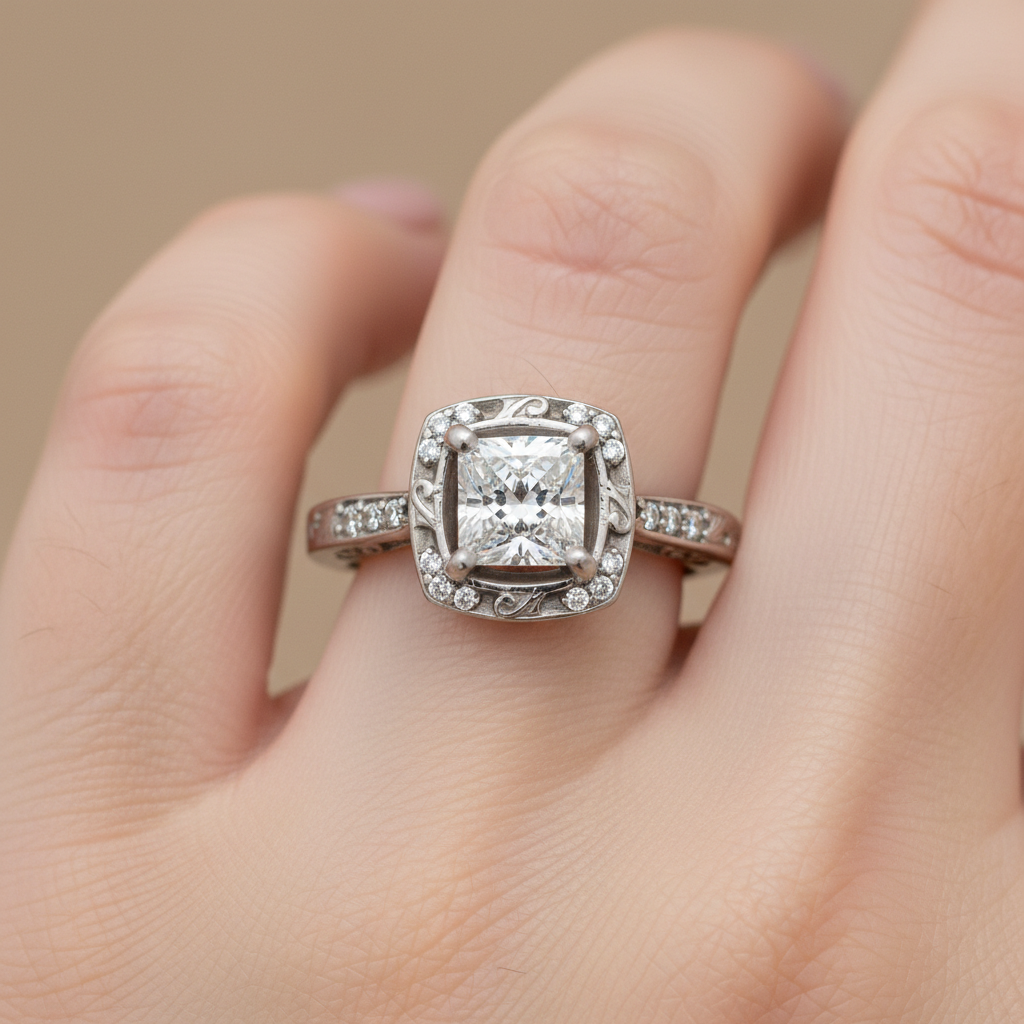 "Igraine" Platinum 1.00CT Princess Cut F Color, SI3 Diamond Engagement Ring Estate