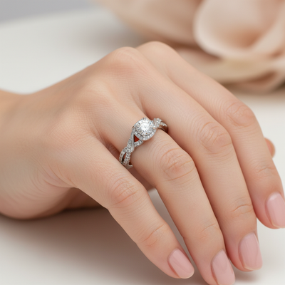 "Alexi"  10K White Gold .40CT Diamond Total Weight, center illusion set .15CT diamond, halo bridal engagement ring with twisted shank. Estate