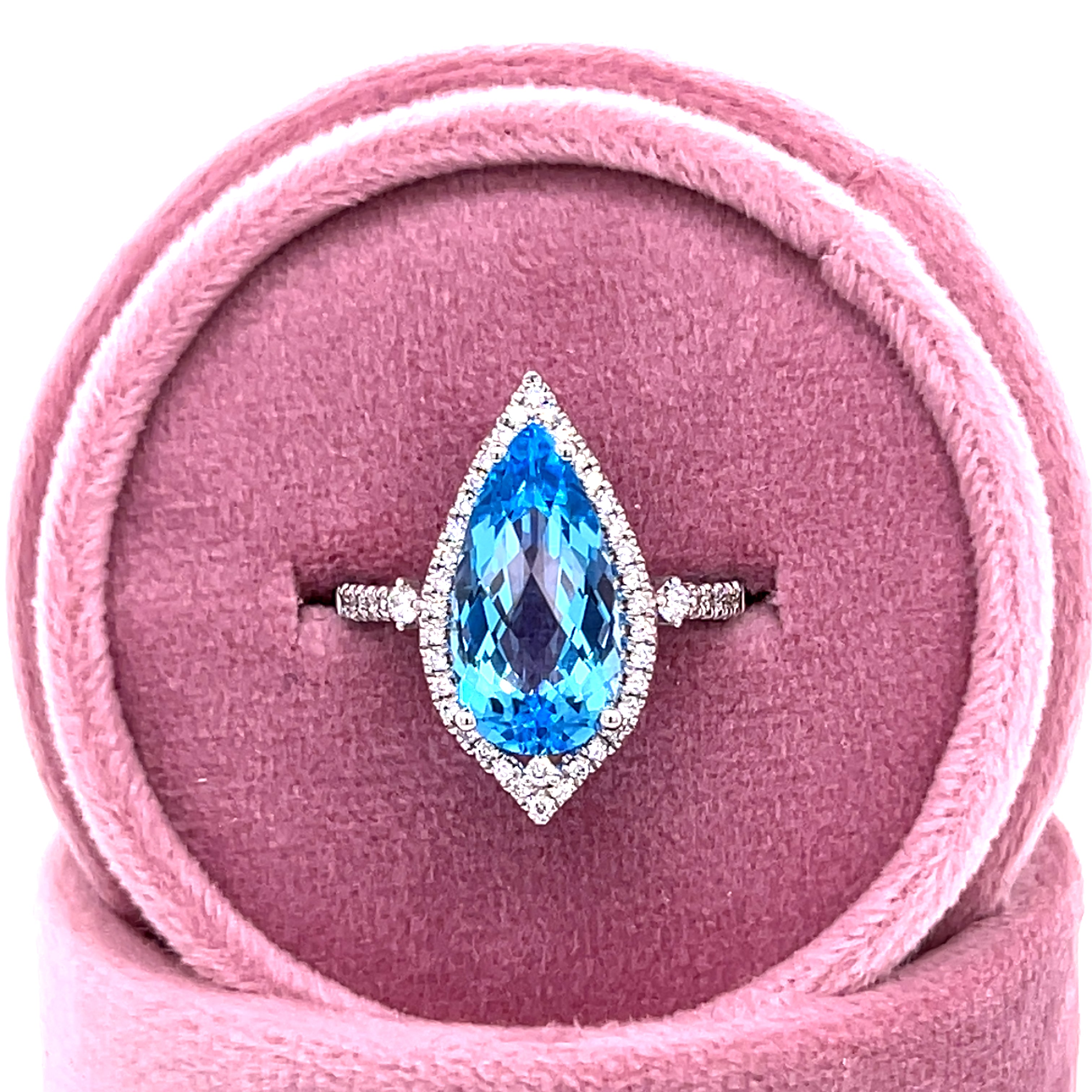 14K White Gold Pear-Shaped Blue Topaz and Diamond Halo Ring