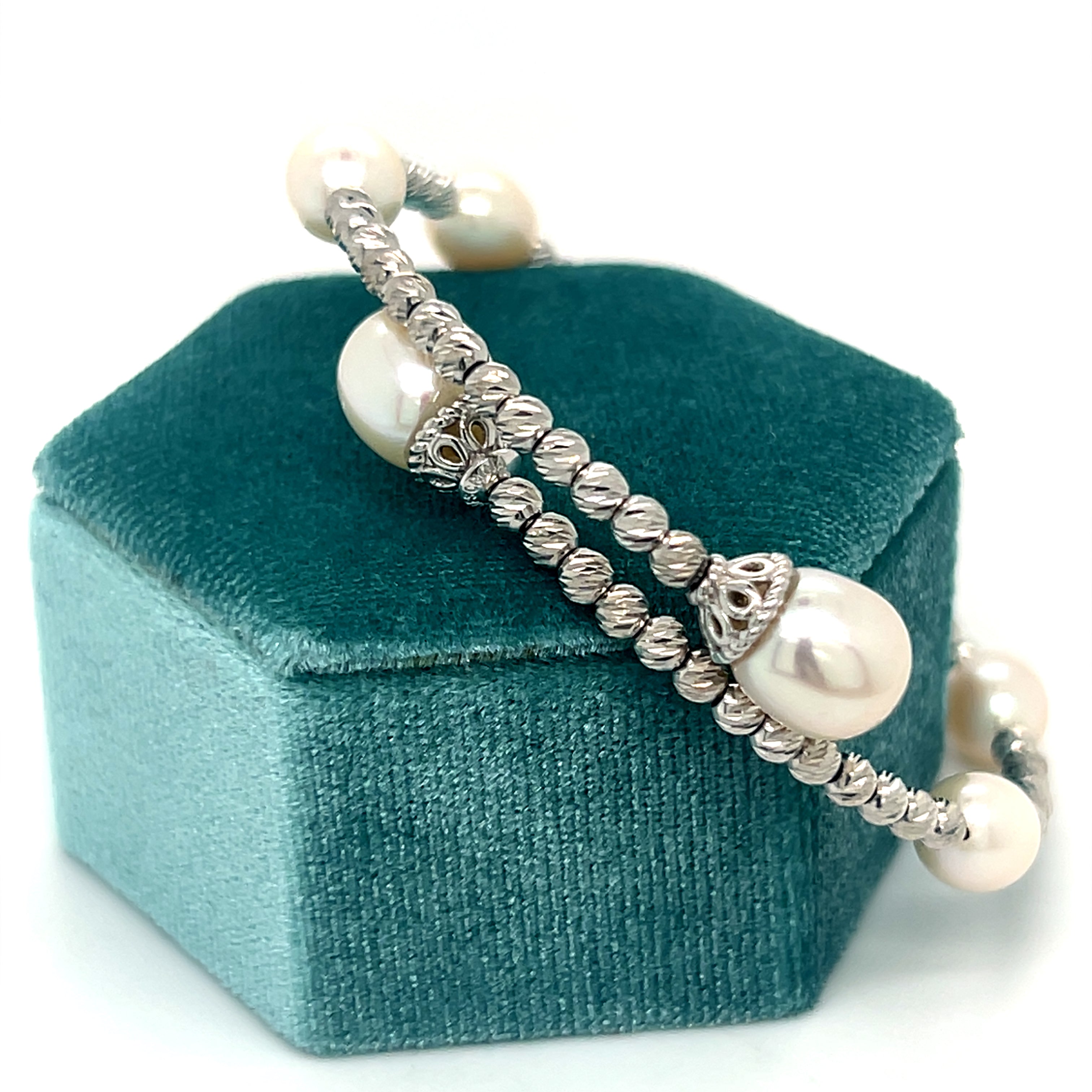 Silver Rhodium Plated Bead and Freshwater Pearl Station Cuff Bracelet 7.5"