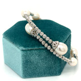 Silver Rhodium Plated Bead and Freshwater Pearl Station Cuff Bracelet 7.5"