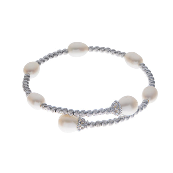 Sterling Silver Rhodium Plated Bead and Freshwater Pearl Station Cuff Bracelet 7.5"