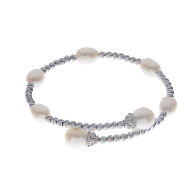 Sterling Silver Rhodium Plated Bead and Freshwater Pearl Station Cuff Bracelet 7.5"