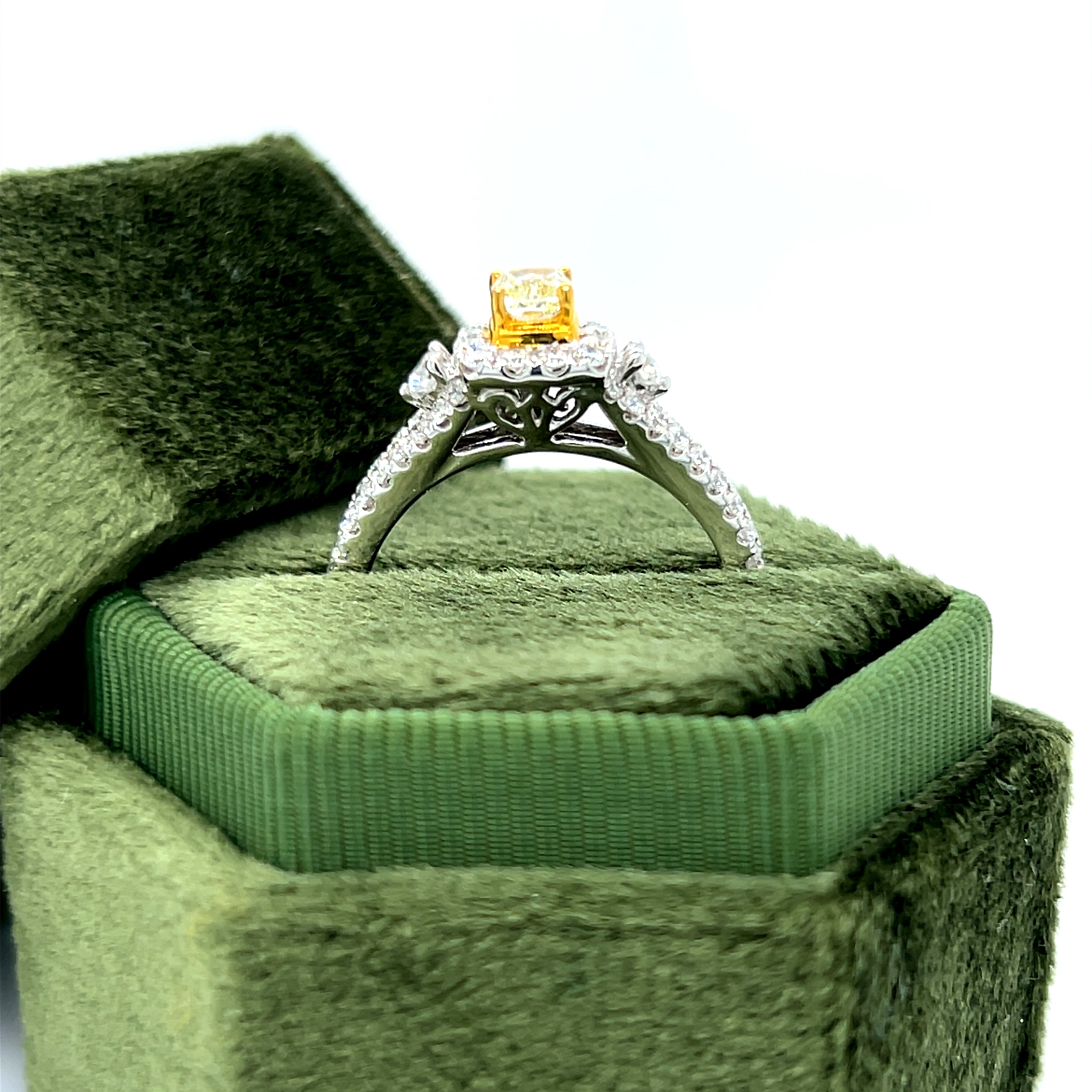 14K Yellow and White 0.85 Carat Total Weight 0.33CT Center Cushion Cut Natural Fancy Yellow Diamond and Natural White Diamond Halo Engagement Ring, Available online or in store at Wright’s Jewelry, Fallston, NC