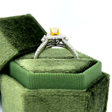 14K Yellow and White 0.85 Carat Total Weight 0.33CT Center Cushion Cut Natural Fancy Yellow Diamond and Natural White Diamond Halo Engagement Ring, Available online or in store at Wright’s Jewelry, Fallston, NC