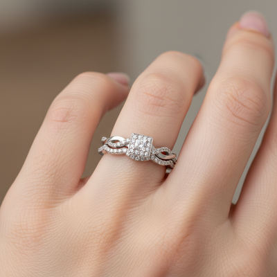 White Gold Diamond Halo Bridal Engagement Ring Set