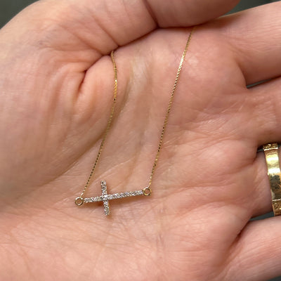Yellow Gold Diamond Sideways Cross Necklace