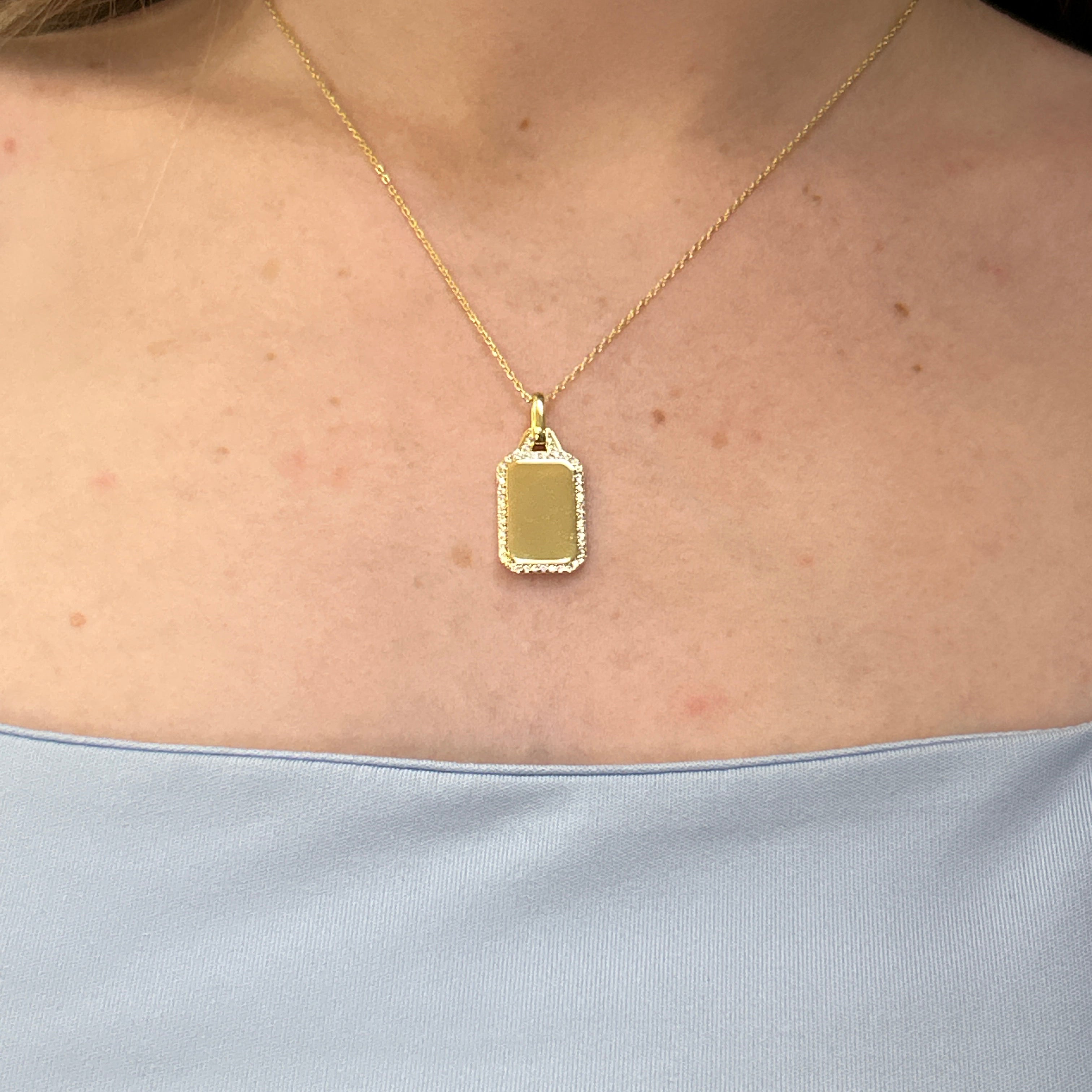 Sterling Silver Gold Plated Rectangle Dog Tag with Cubic Zirconia Border Necklace 16+2"