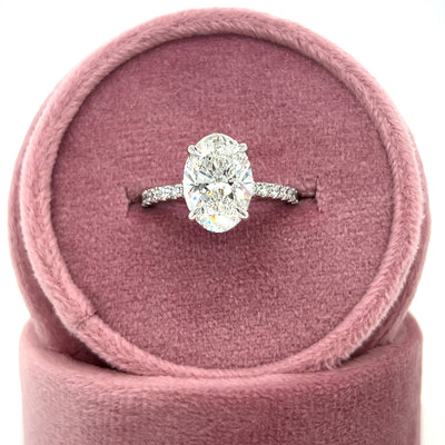14K White Gold 3.02CT Oval Center and 3.20 Carat Total Weight Round Pave on Band & Hidden Halo Lab Grown Diamond Engagement Ring