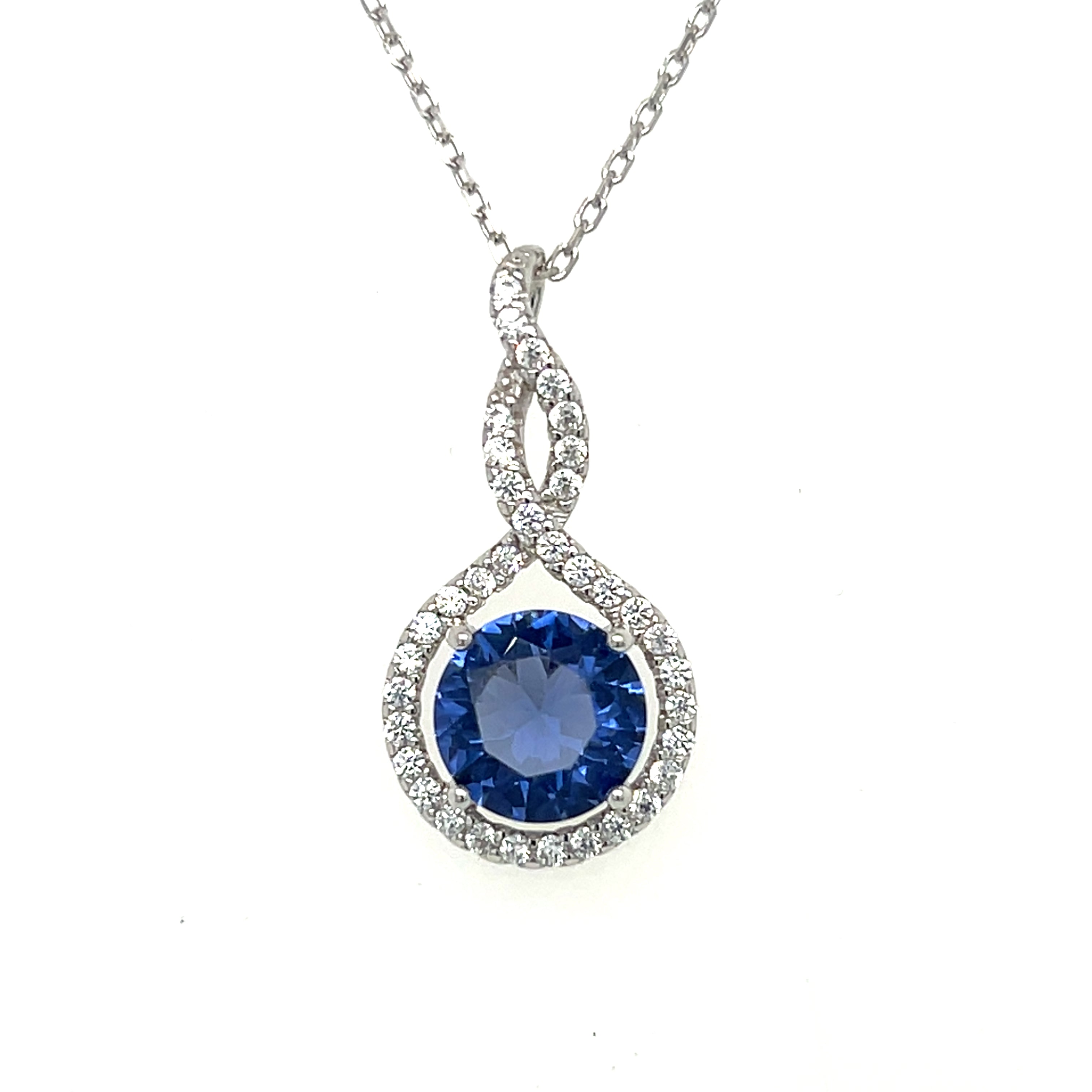 Silver Round Simulated Tanzanite and Cubic Zirconia Pendant Necklace