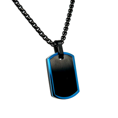 Stainless Steel Blue and Black-IP Matte and Polished Dog Tag Necklace 22"