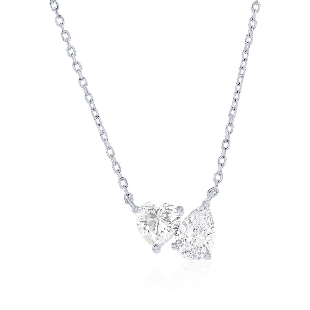 Silver Heart and Pear-Shaped CZ Necklace 16+2"