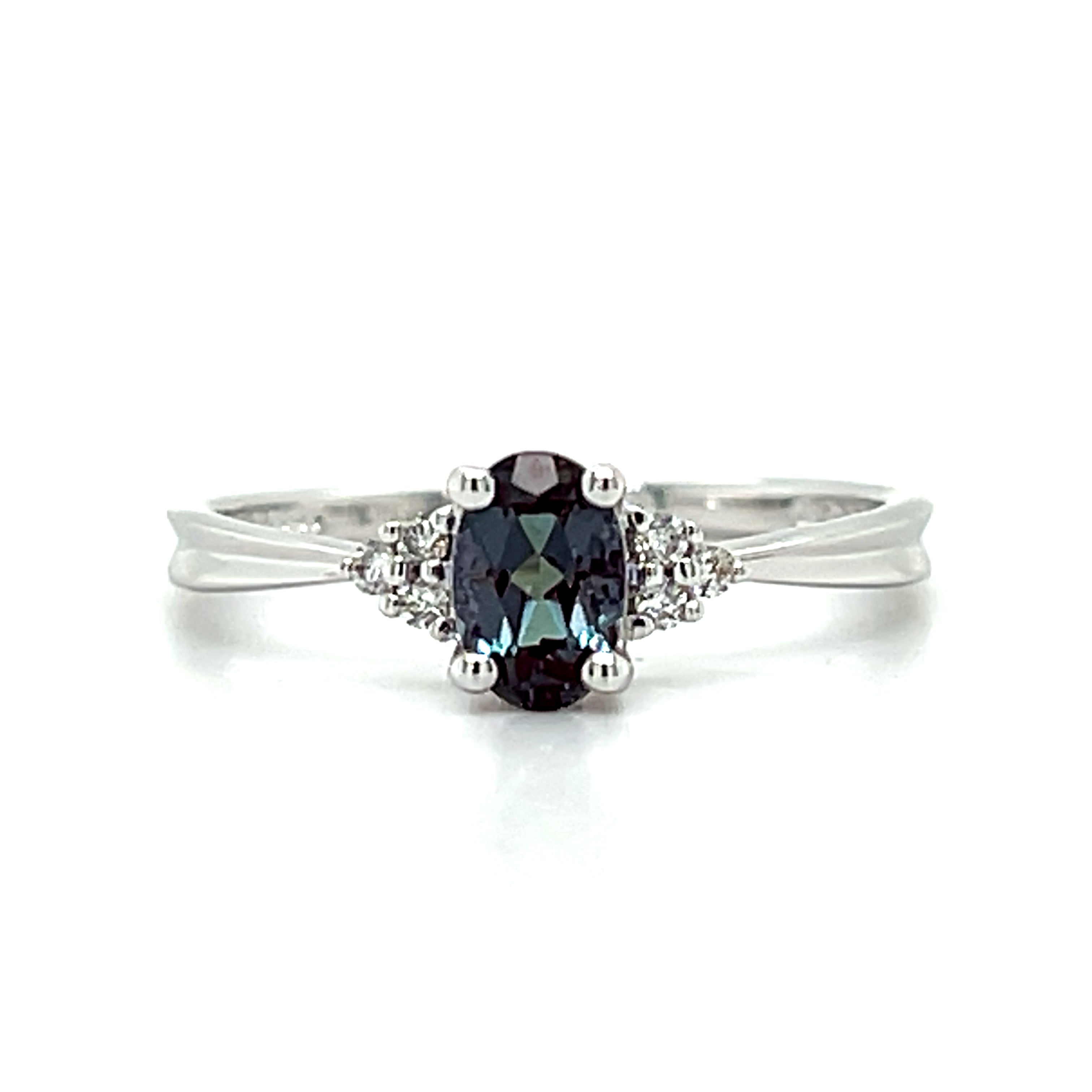 White Gold Created Oval Alexandrite and Diamond Accent Ring