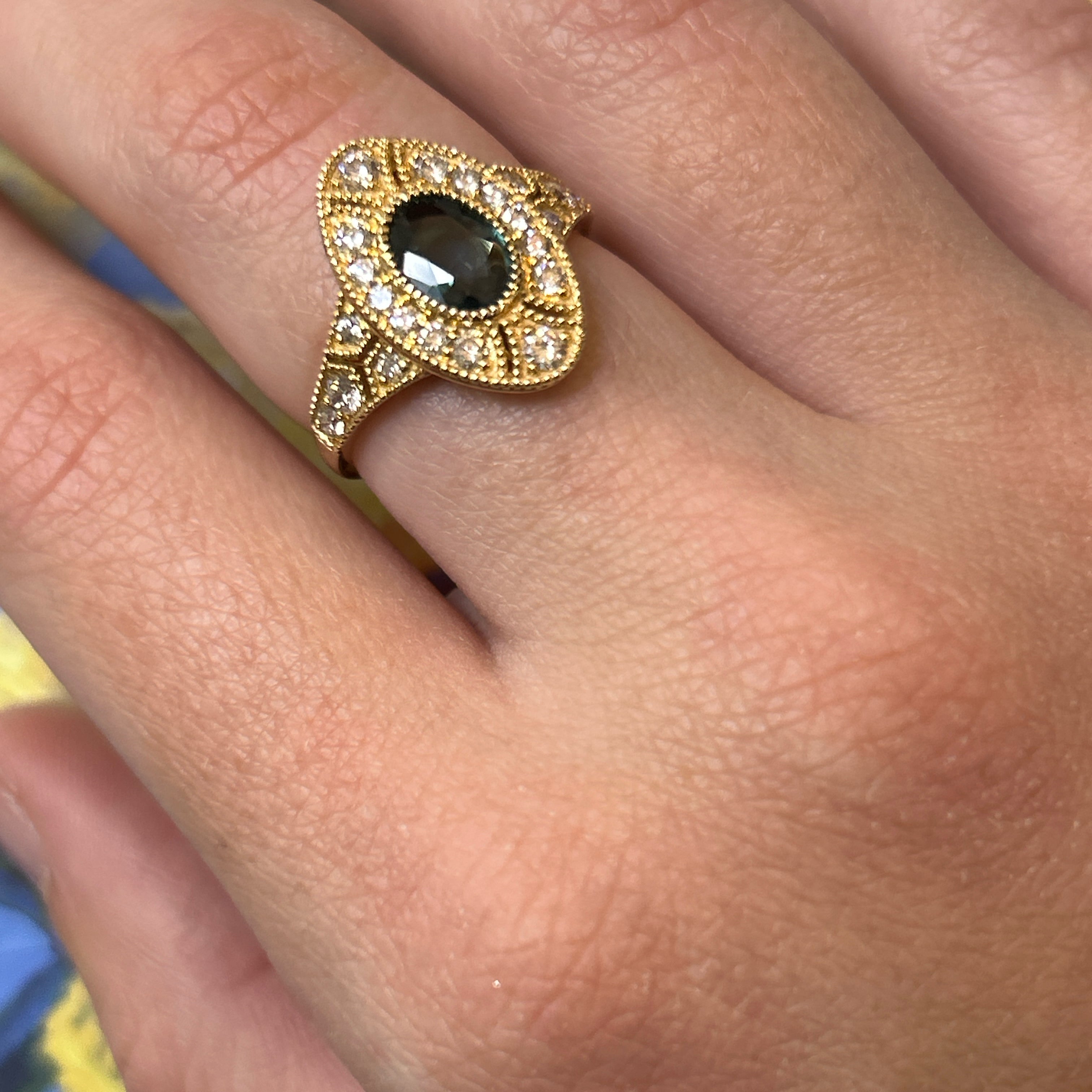 Yellow Gold Oval Teal Sapphire and Diamond Vintage/Art Deco Style Ring