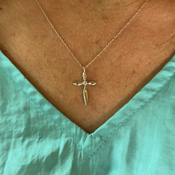 10K White Gold 1/50 Carat Diamond Cross Pendant with Milgrain Detail