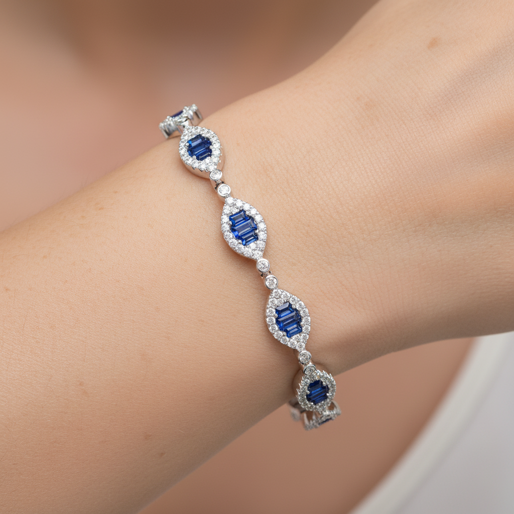 Jericka Blue Sterling Silver Sapphire CZ Baguette Tennis Bracelet – 7"