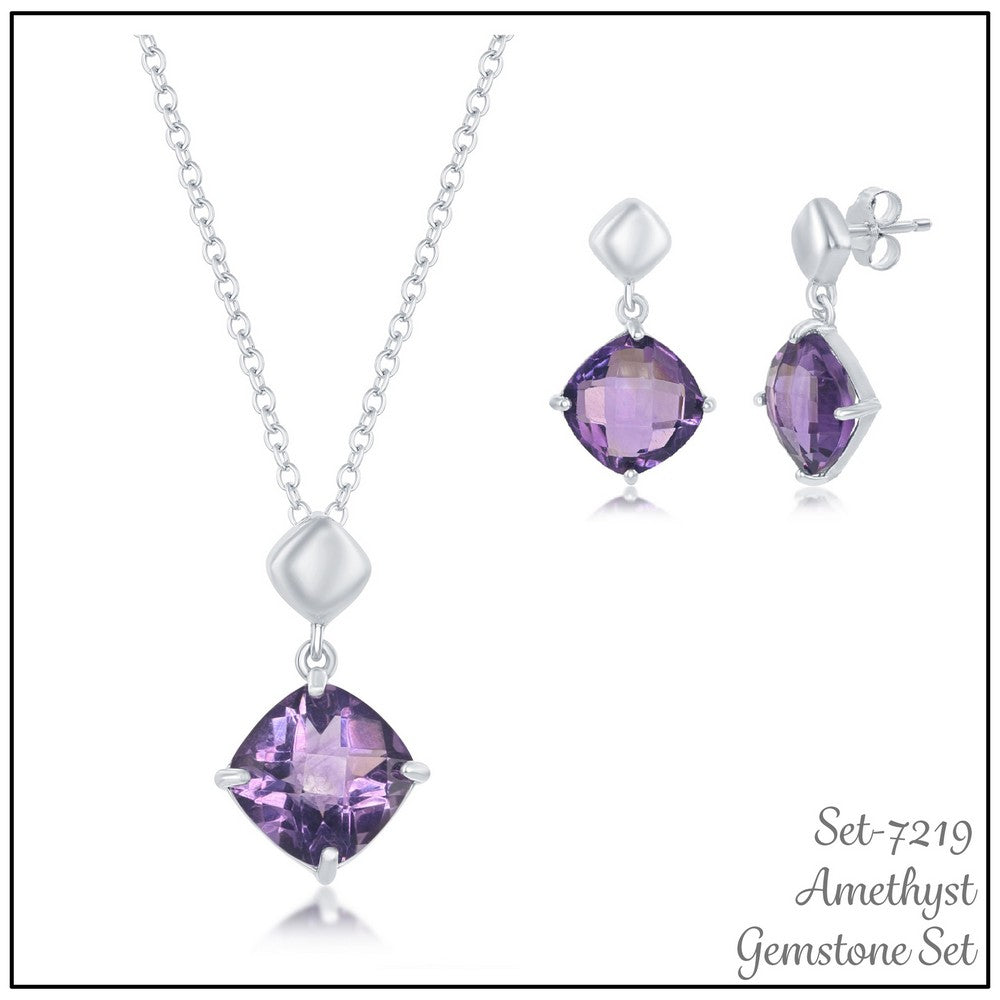 Silver Amethyst Cushion-Cut Square Necklace and Earrings Set