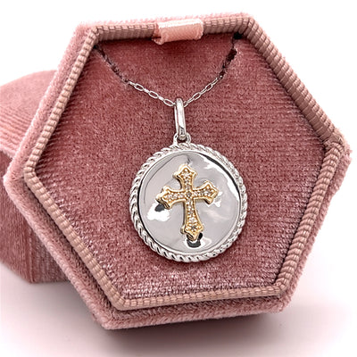 Sterling Silver and 10K Yellow Gold .07 Carat Total Weight Diamond Cross Circle Necklace