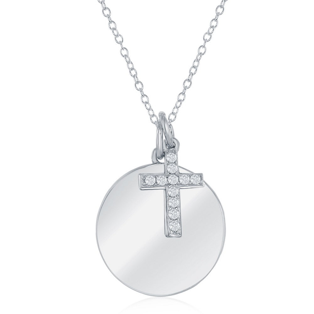 Sterling Silver Round Engravable Disc with Cubic Zirconia Cross Necklace 16+2"