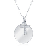 Sterling Silver Round Engravable Disc with Cubic Zirconia Cross Necklace 16+2"