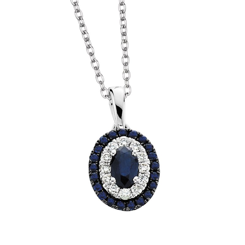 10K White Gold Oval and Round Sapphire and Diamond Halo Necklace