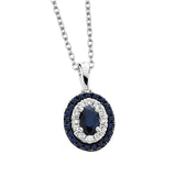 10K White Gold Oval and Round Sapphire and Diamond Halo Necklace