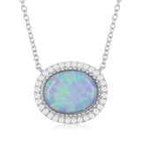 Silver Oval Opal with CZ Border Necklace