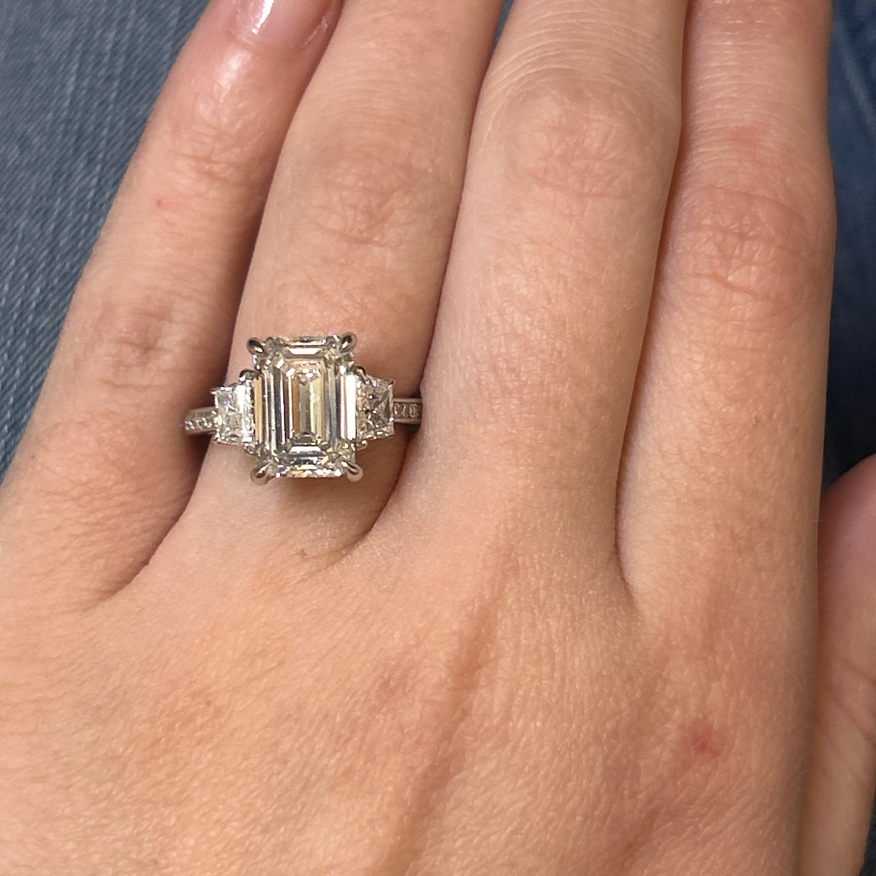 White Gold Lab Grown Emerald-Cut Center Stone with Trapezoid Side Stone Bridal/Engagement/Wedding/