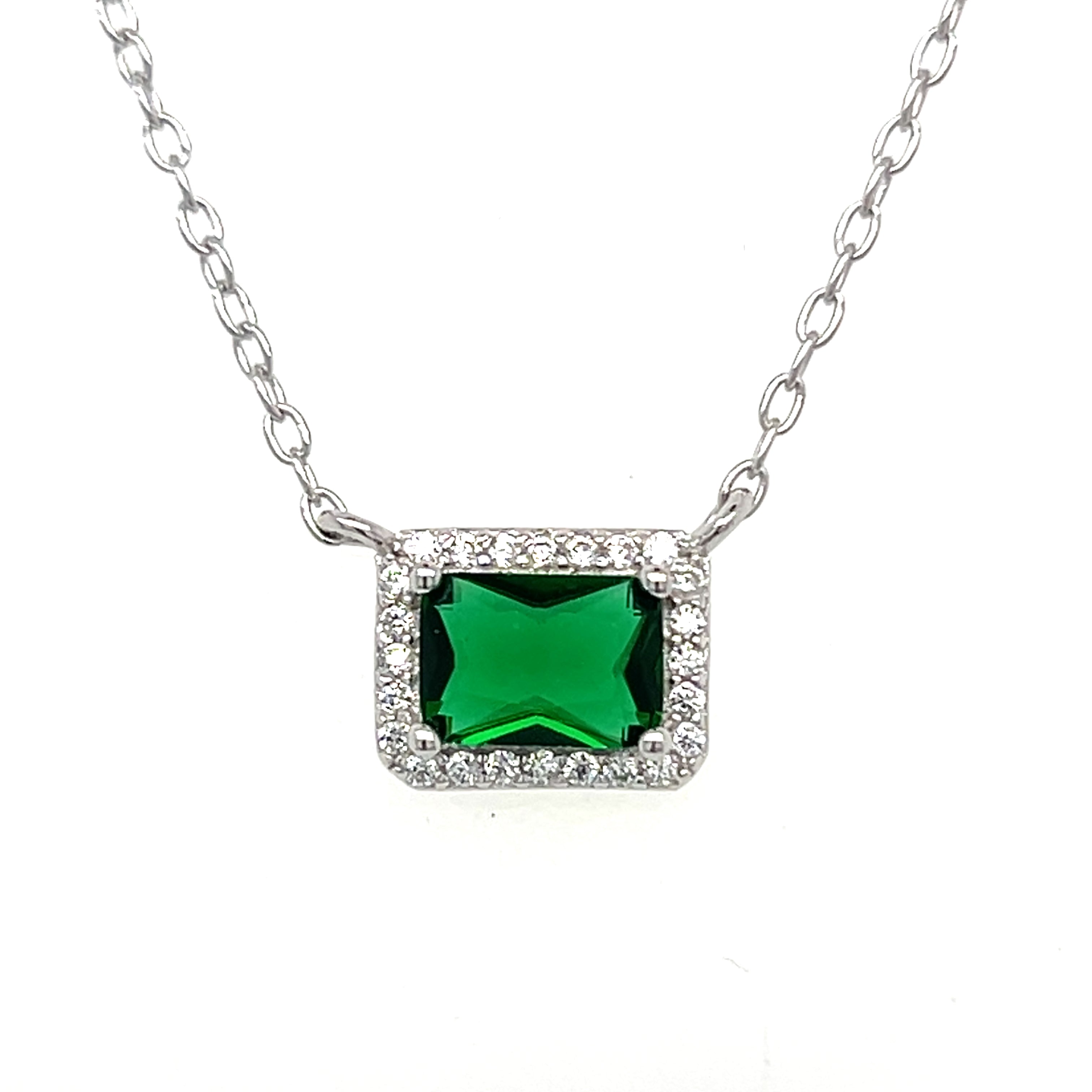 Sterling Silver Cubic Zirconia Emerald Cut Necklace with Green Stone
