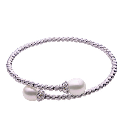 Sterling Silver Rhodium Plated Brilliance Bead and 8-9mm Freshwater Pearl Bracelet 7.5"