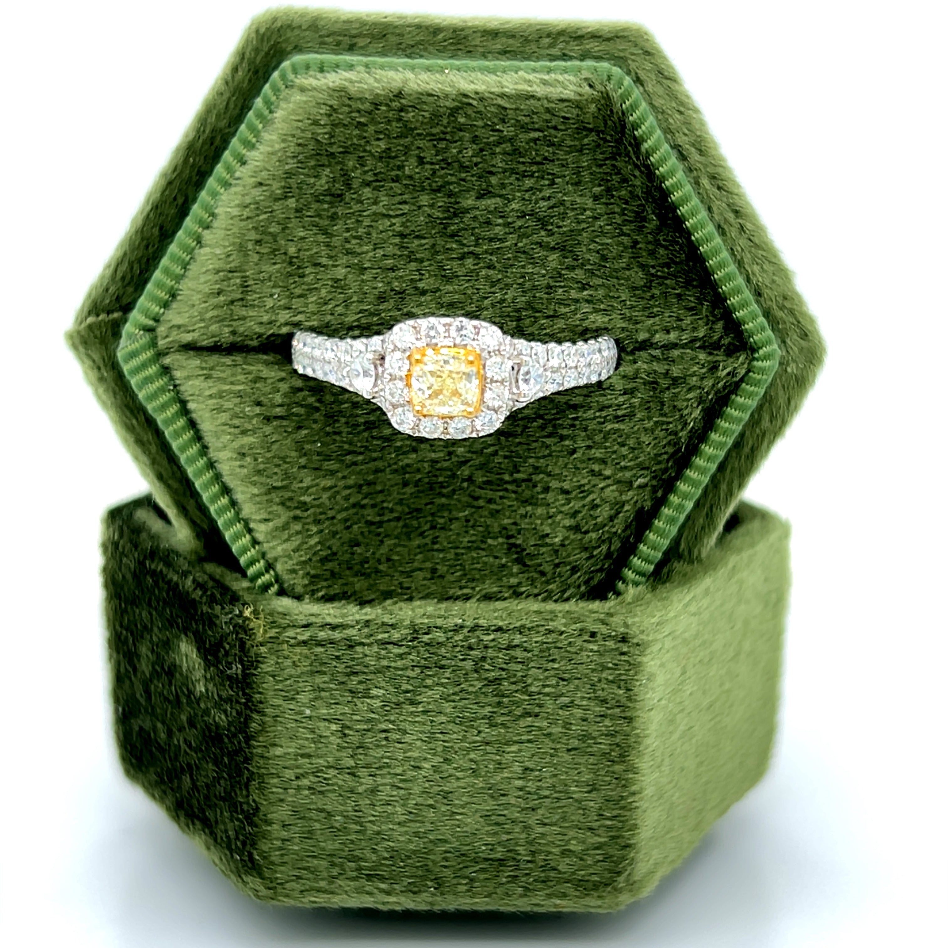 14K Yellow and White 0.85 Carat Total Weight 0.33CT Center Cushion Cut Natural Fancy Yellow Diamond and Natural White Diamond Halo Engagement Ring, Available online or in store at Wright’s Jewelry, Fallston, NC