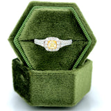 14K Yellow and White 0.85 Carat Total Weight 0.33CT Center Cushion Cut Natural Fancy Yellow Diamond and Natural White Diamond Halo Engagement Ring, Available online or in store at Wright’s Jewelry, Fallston, NC