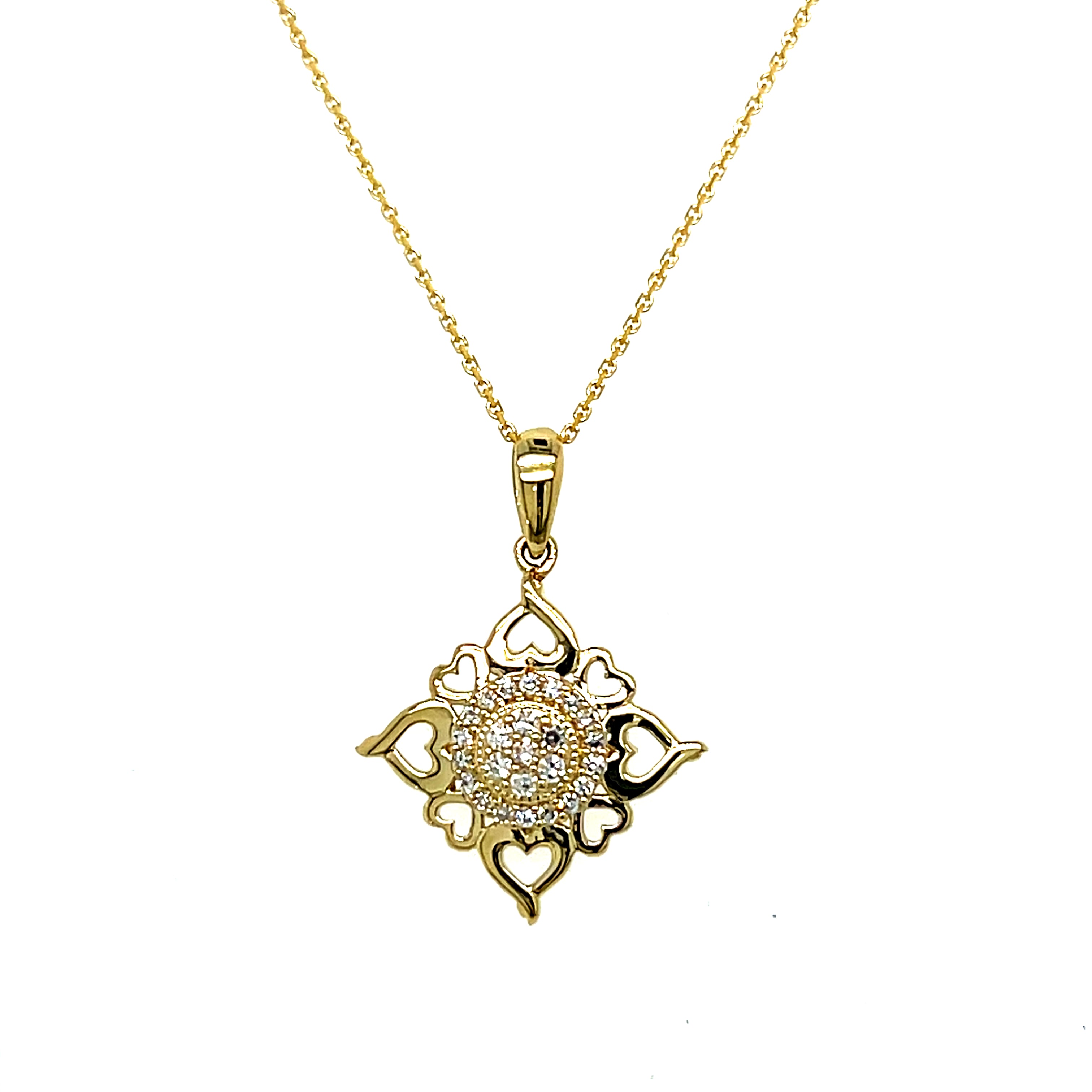 10KY Yellow Gold 0.10 Carat Total Weight Round Cluster Natural Diamond Open Heart Halo Pendant with Chain
