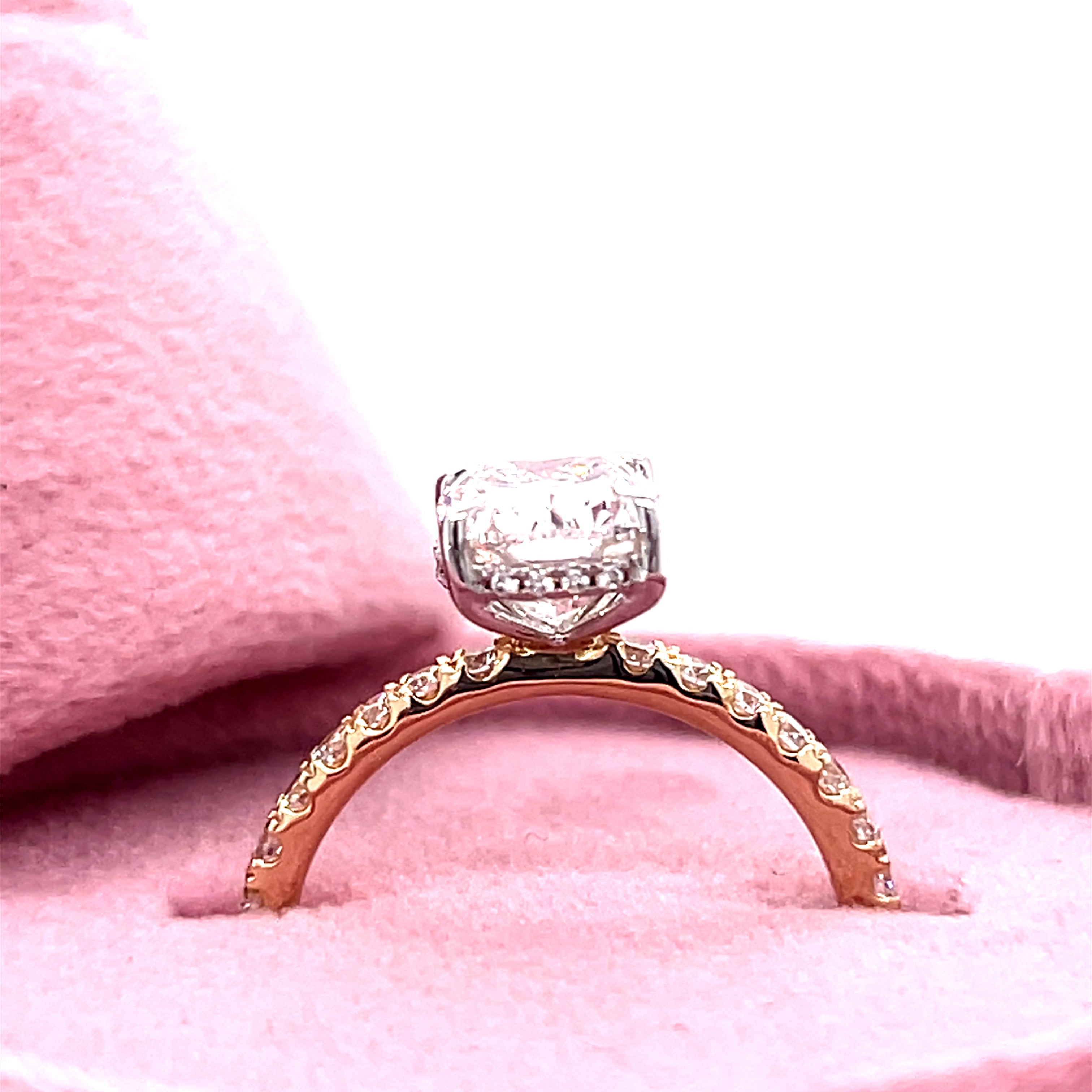 14KTT 2.05CT Cushion Center & 0.39 Carat Total Weight Pave Round on Band & Hidden Halo Lab Grown Diamond Engagement Ring