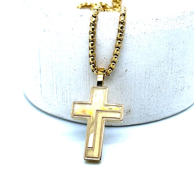 Stainless Steel Gold-IP Grooved Polished and Matte Cross Necklace 22"