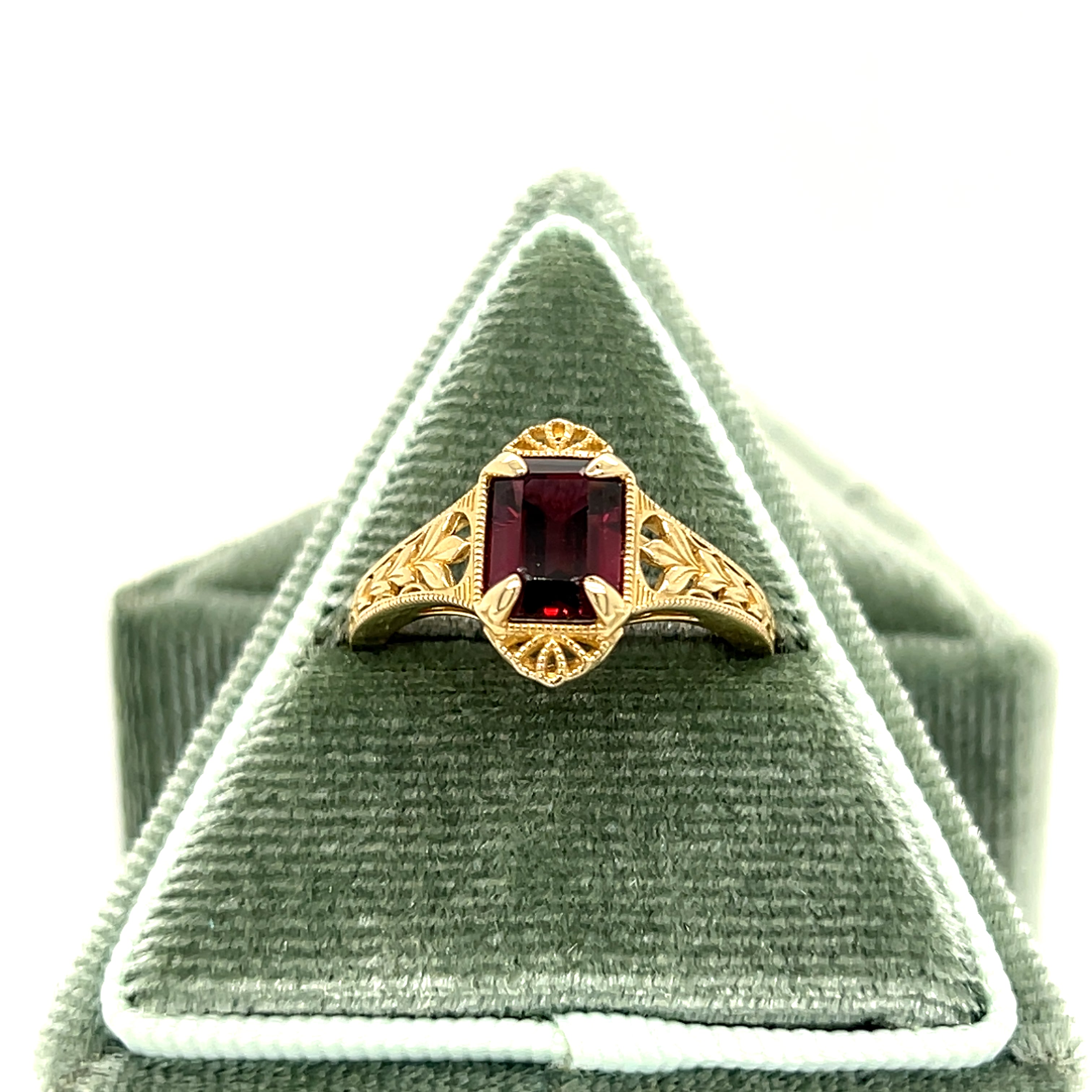 "Josephine" WJS Custom Set 14K Yellow Gold Emerald Cut Rhodolite Garnet Ring